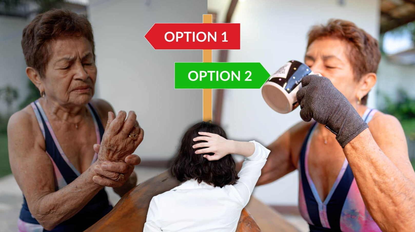 KÉP 13 – Option 1/Option 2 kollázs: fájó kéz vs. kesztyűs nő