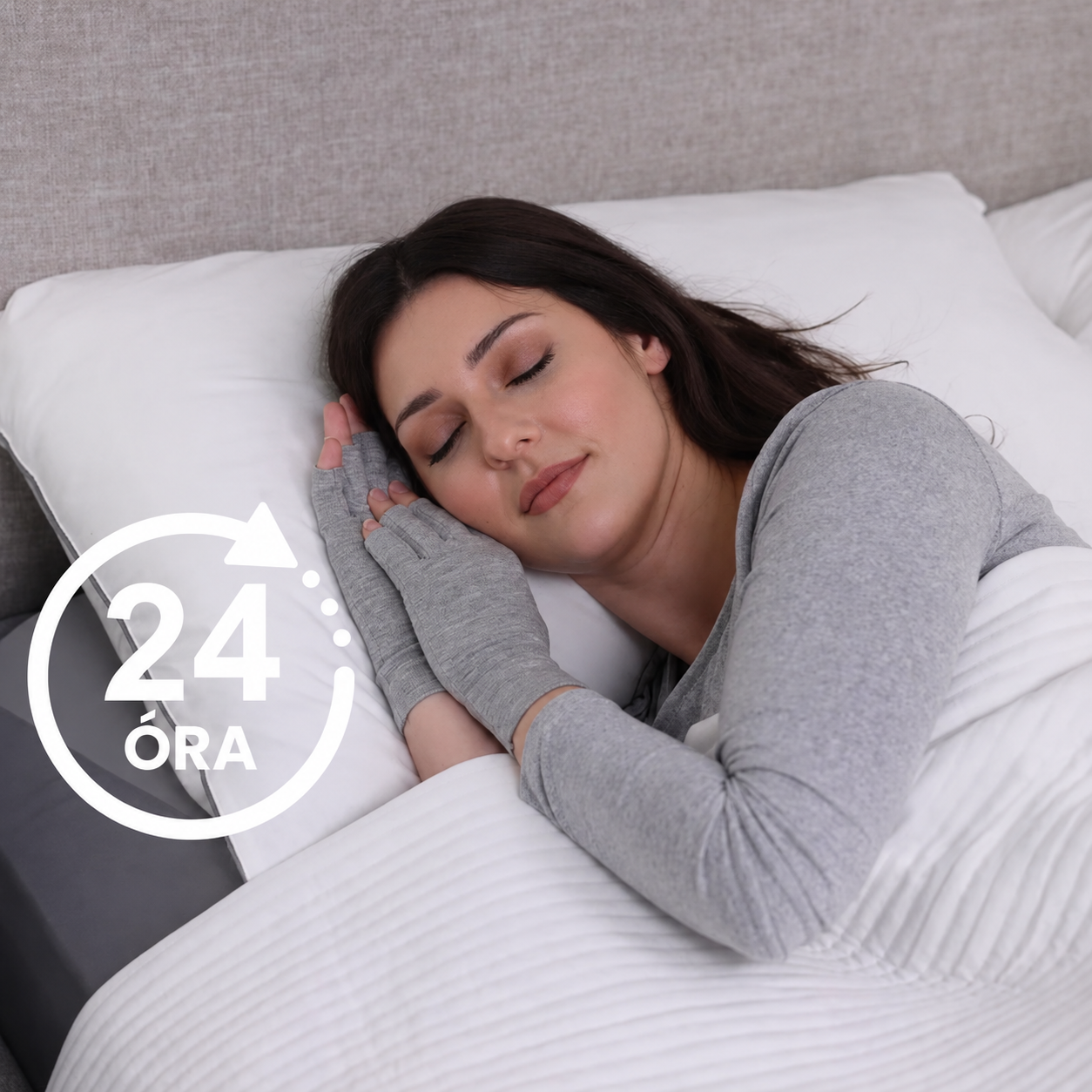 KÉP 01 – Alvó nő szürke bambusz kesztyűben + 24 HOURS grafika